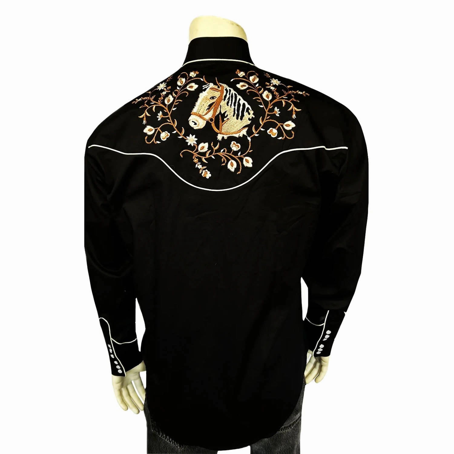 Printed Pattern Rockmount Mens Vintage Horsehead Floral Black 100% Cotton L/S Shirt