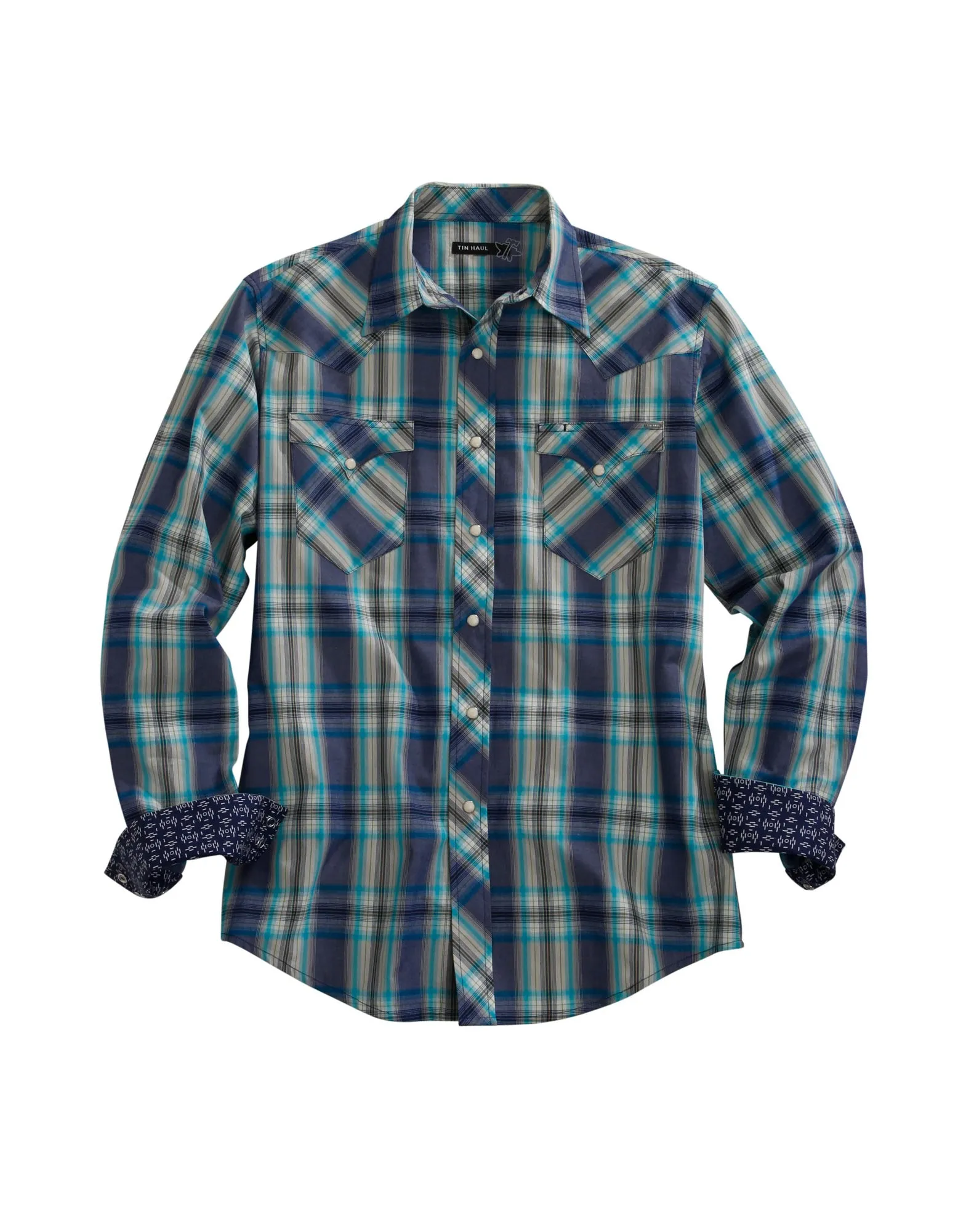 Tin Haul Mens Blue 100% Cotton Grid Plaid L/S Shirt Flexible Material Non Restrictive Fit