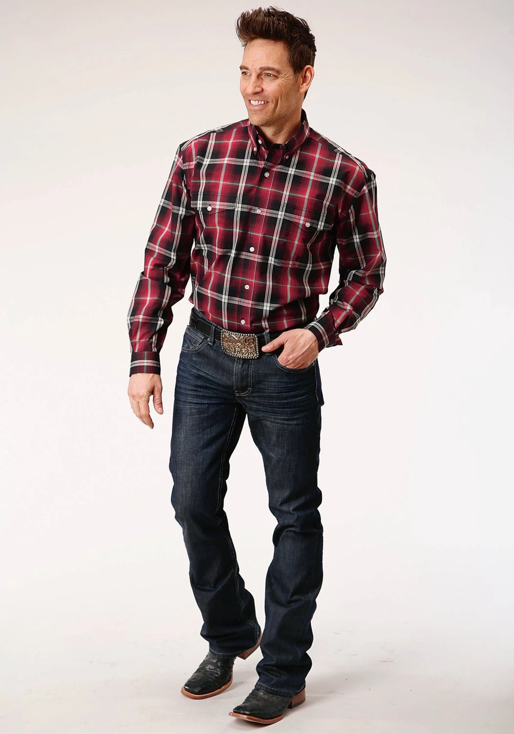Roper Mens Saddle Plaid Red 100% Cotton L/S Shirt Tailored Fit Pocket Detail