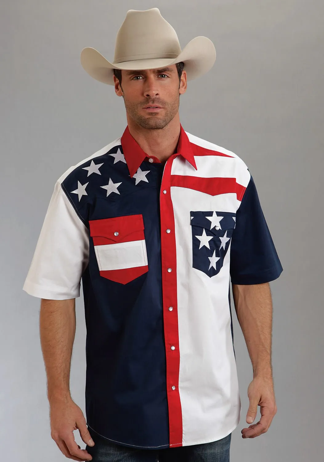 Roper Americana Mens Blue 100% Cotton S/S Colorblock Flag Snap Western Shirt Durable Button Closures Comfy Wear