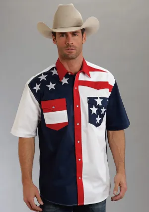 Roper Americana Mens Blue 100% Cotton S/S Colorblock Flag Snap Western Shirt Light Option Roper Americana Mens Blue 100% Cotton S/S Colorblock Flag Snap Western Shirt Durable Button Closures Comfy Wear