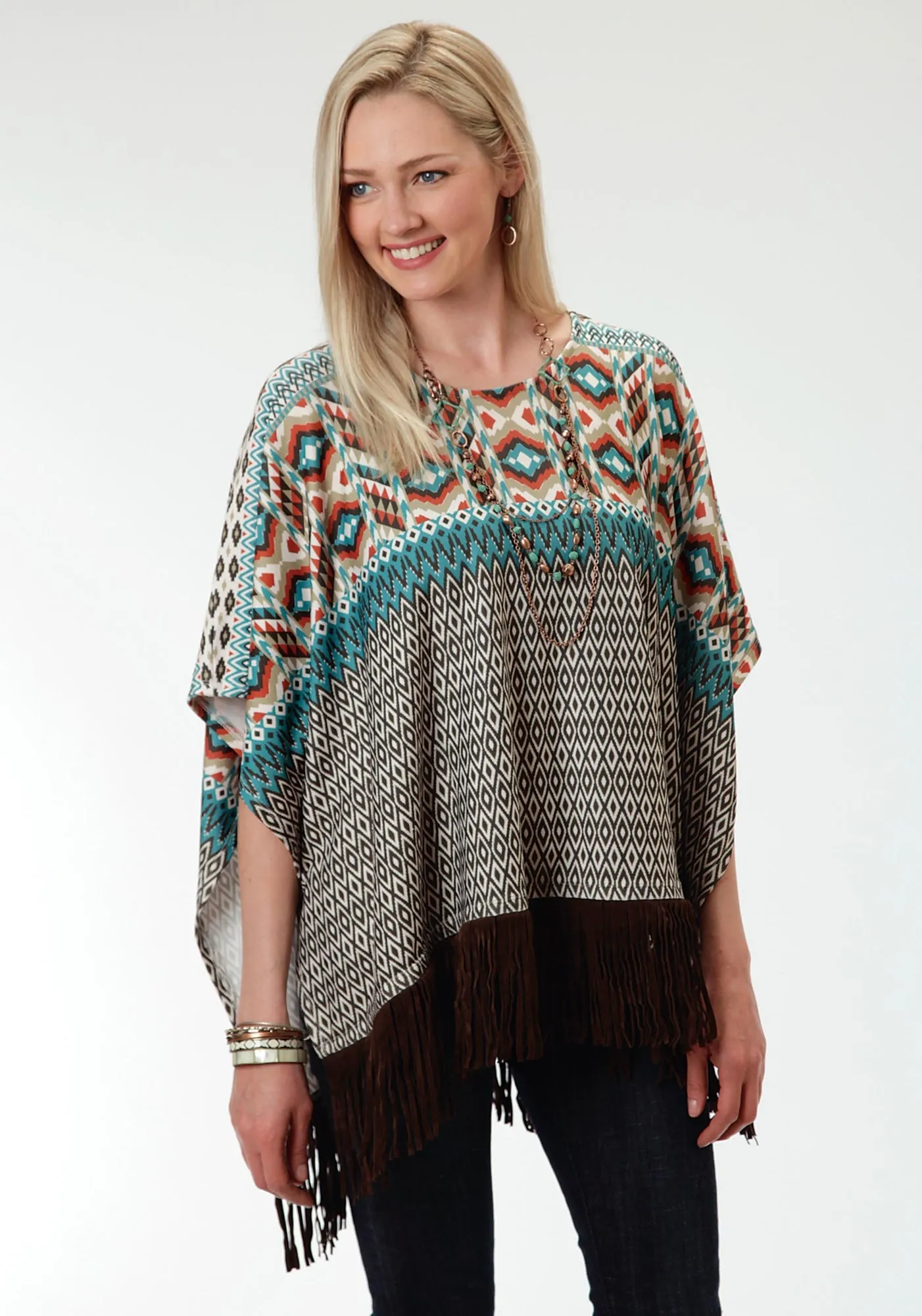 Heavyweight Denim Go-To Style Roper Aztec Print Ladies Brown Polyester Poncho Sweater