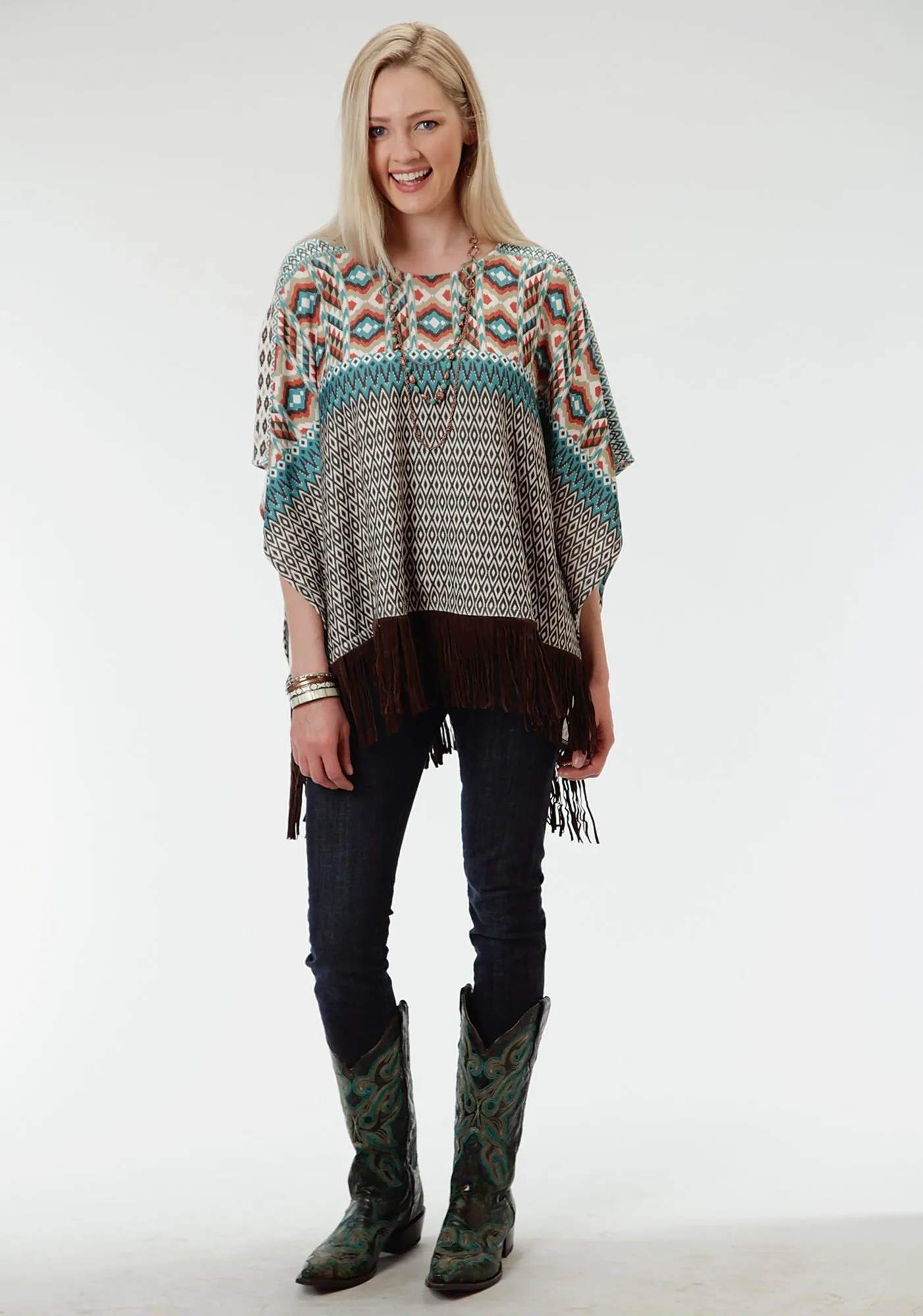 Roper Aztec Print Ladies Brown Polyester Poncho Sweater Casual Comfort Travel Light