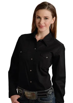 Roper Basic Solid Ladies Black 100% Cotton L/S 2 Pocket Western Shirt Fashion Forward Roper Basic Solid Ladies Black 100% Cotton L/S 2 Pocket Western Shirt Year-Round Favorite Essential Piece