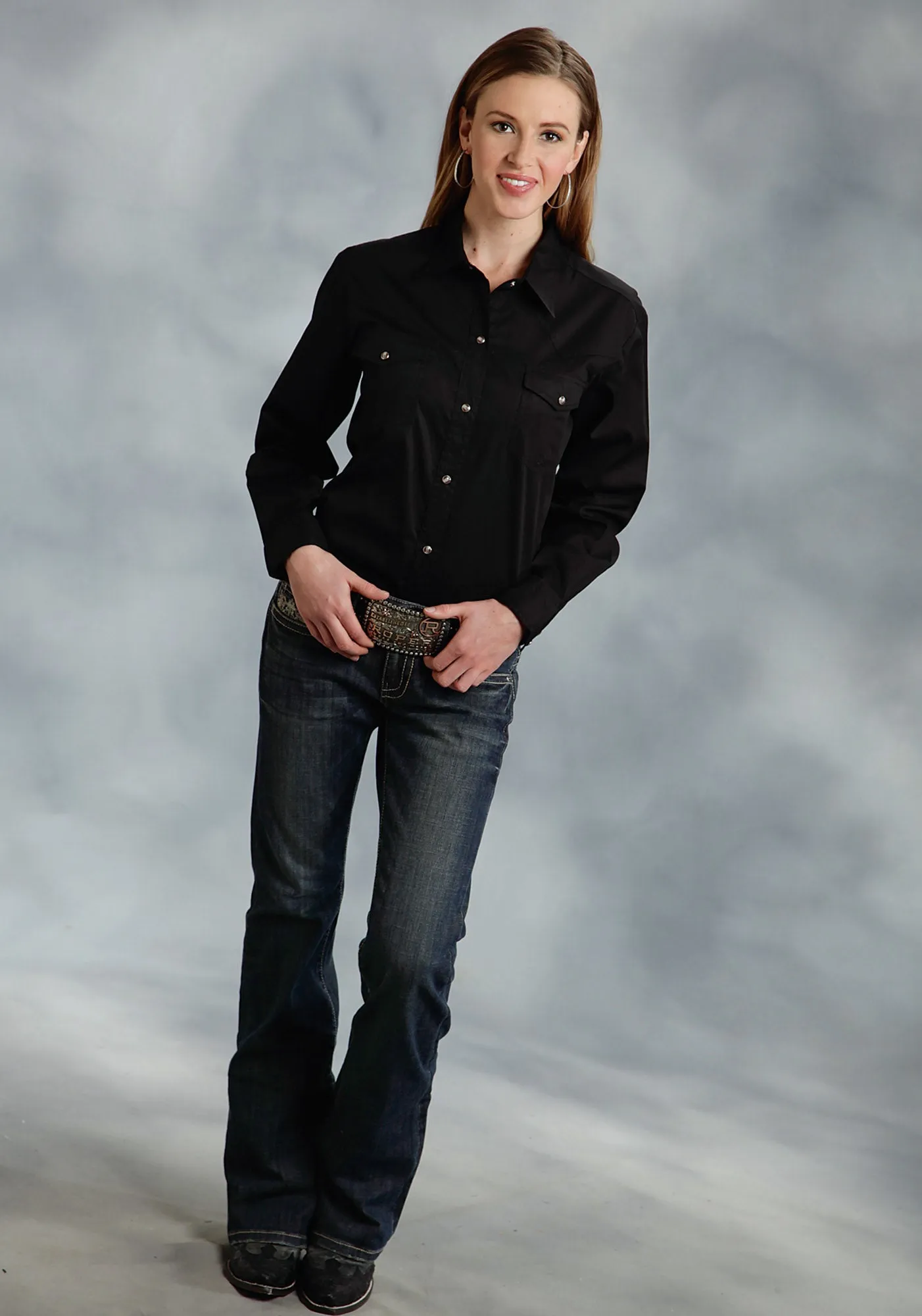 Premium Fabric Trendy Vibes Roper Basic Solid Ladies Black 100% Cotton L/S 2 Pocket Western Shirt