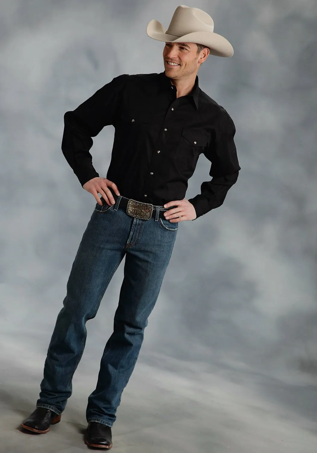 Weekend Style Midweight Textile Roper Basic Solid Mens Black 100% Cotton Poplin L/S 2 Pkt Western Shirt