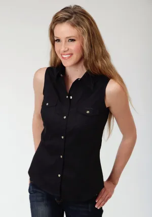 Roper Basics Ladies Black 100% Cotton Solid Poplin Sleeveless Shirt Rich Color Roper Basics Ladies Black 100% Cotton Solid Poplin Sleeveless Shirt Wrinkle Free Care Luxurious Feel