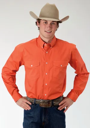 Roper Basics Mens Orange 100% Cotton Solid Poplin Btn L/S Shirt Low Profile Collar System Breathable Cotton Roper Basics Mens Orange 100% Cotton Solid Poplin Btn L/S Shirt