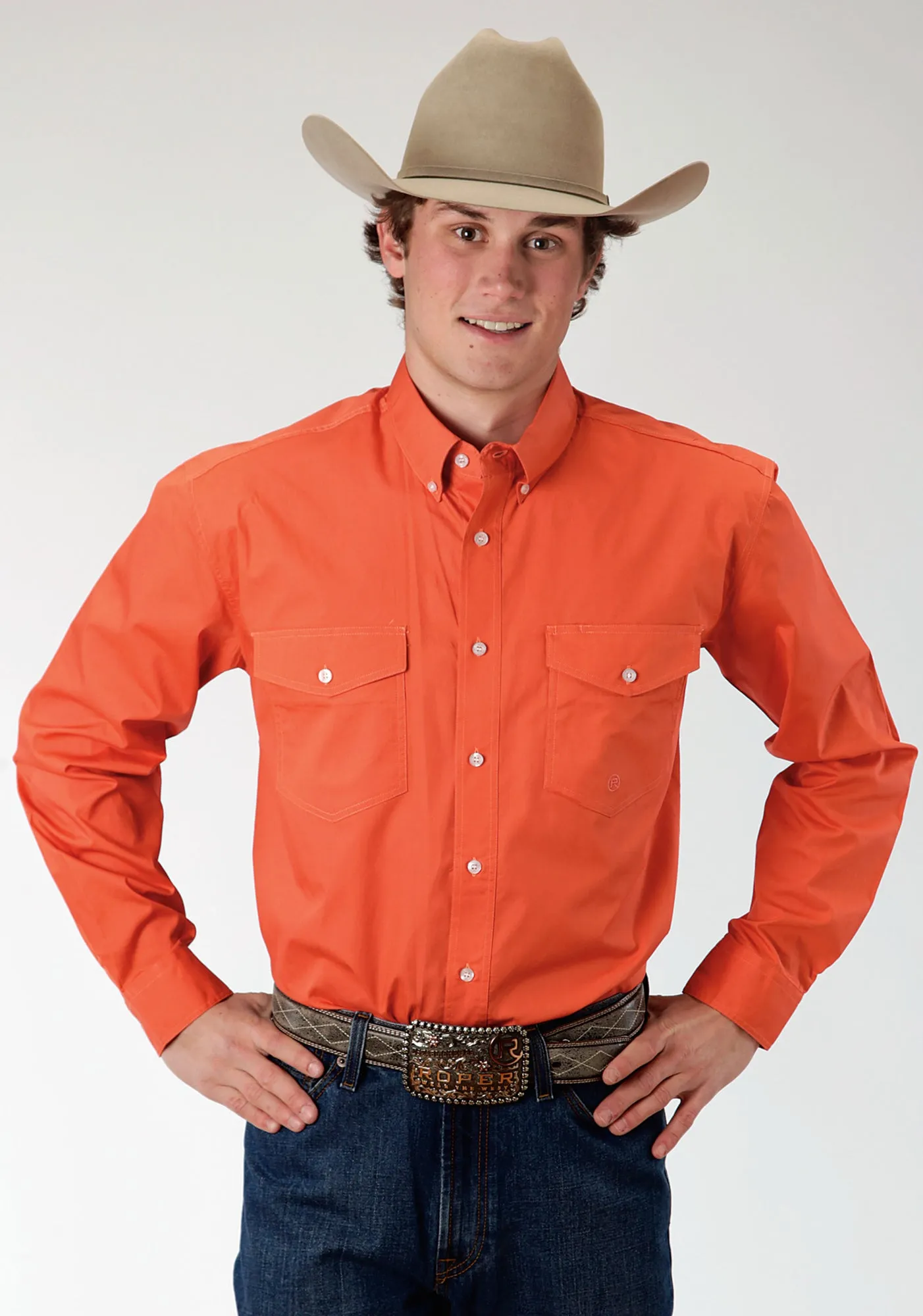 Roper Basics Mens Orange 100% Cotton Solid Poplin Btn L/S Shirt Unisex style