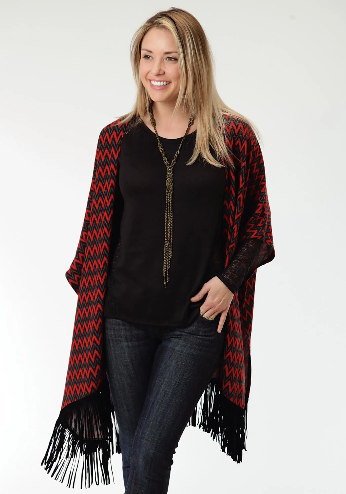 Streetwear Fan Beach Day Roper Black Chevron Ladies Red Polyester Poncho Sweater