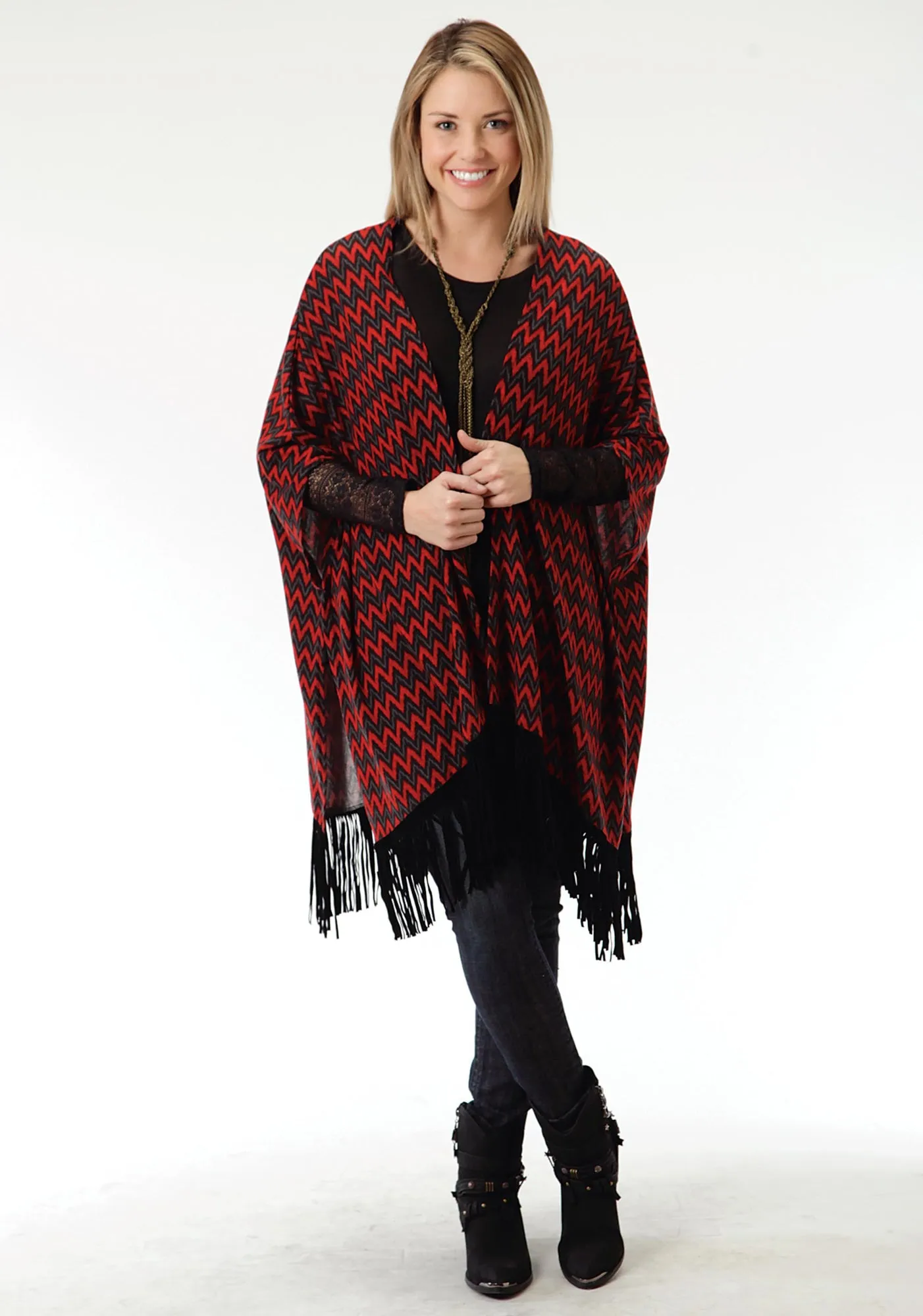 Minimal Edge Roper Black Chevron Ladies Red Polyester Poncho Sweater