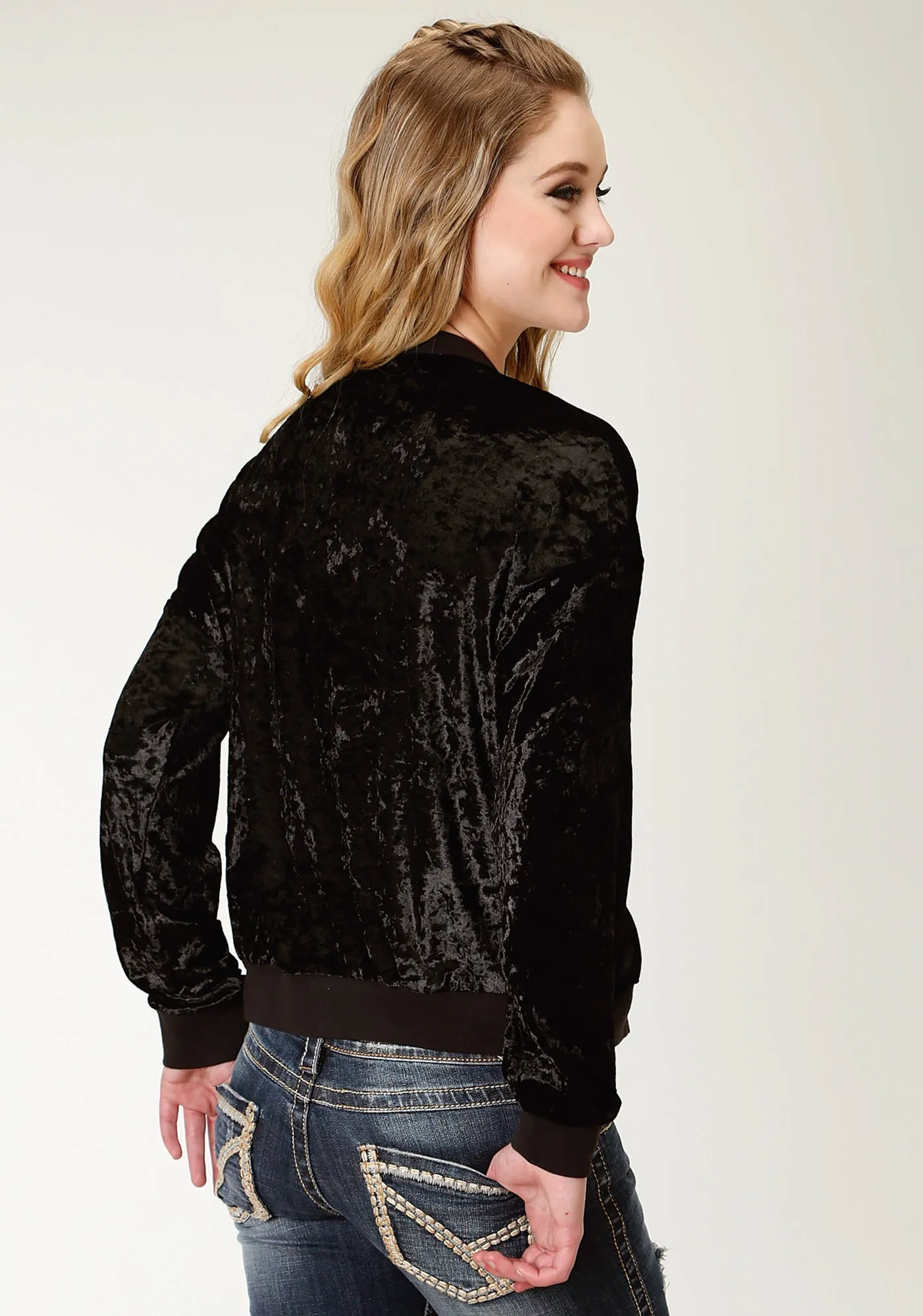 Roper Bomber Womens Black Polyester Crushed Velvet Jacket Smooth Picnic Style Closet Classic