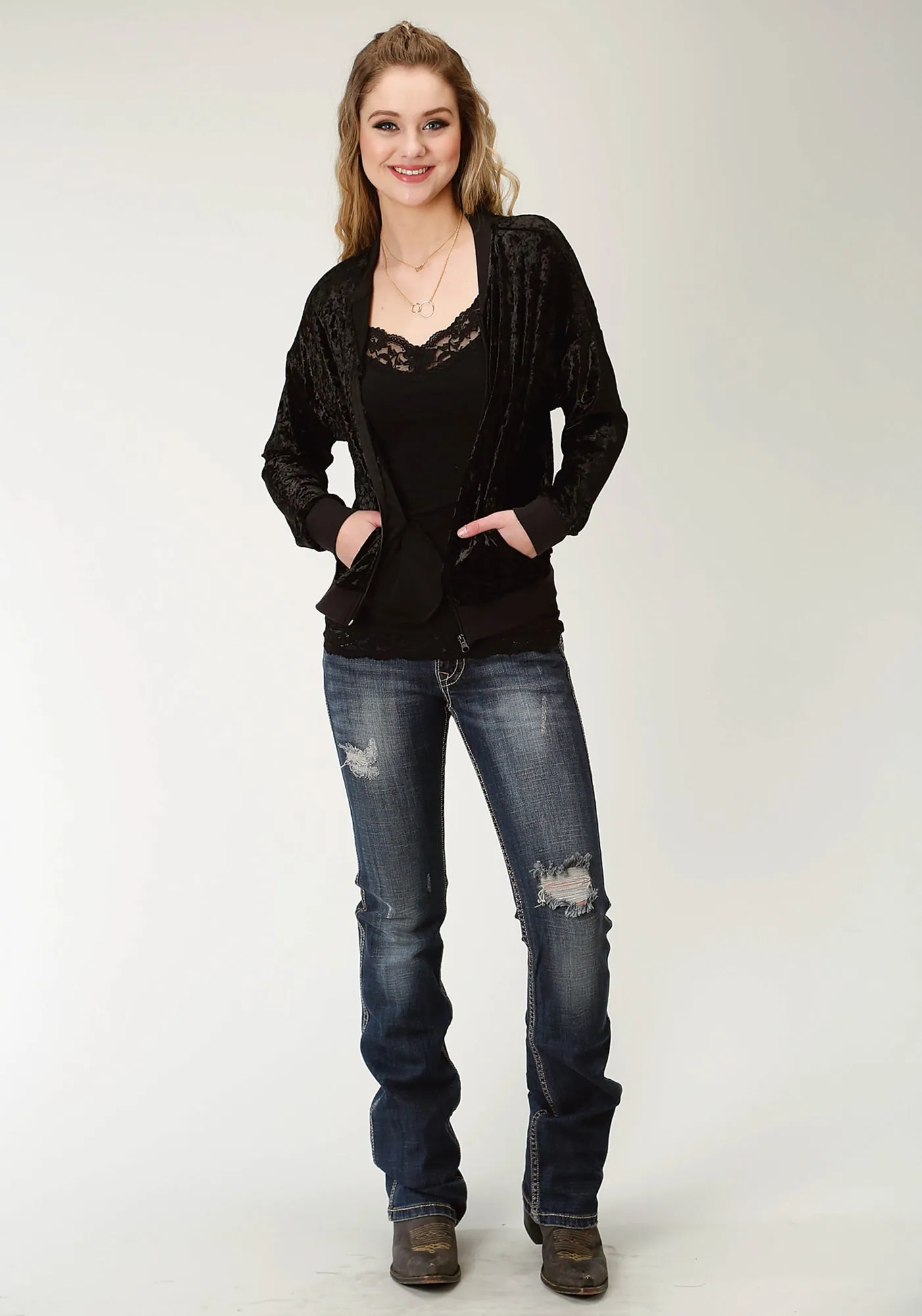 Roper Bomber Womens Black Polyester Crushed Velvet Jacket school outfit Classic Weekend Getaway