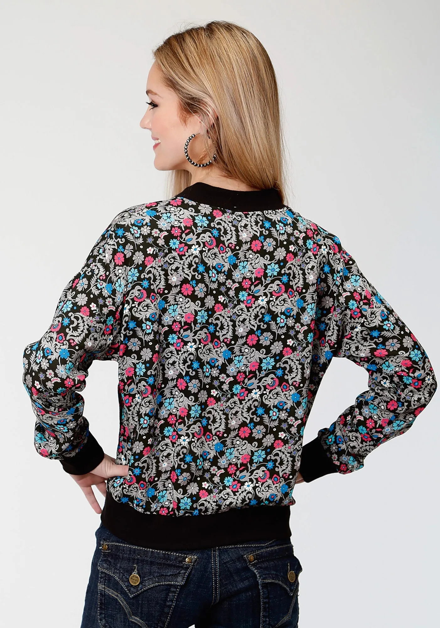 Roper Bomber Womens Black Rayon/Nylon Flower Print Jacket Affordable Beach Day Adaptive Stretch Fabric