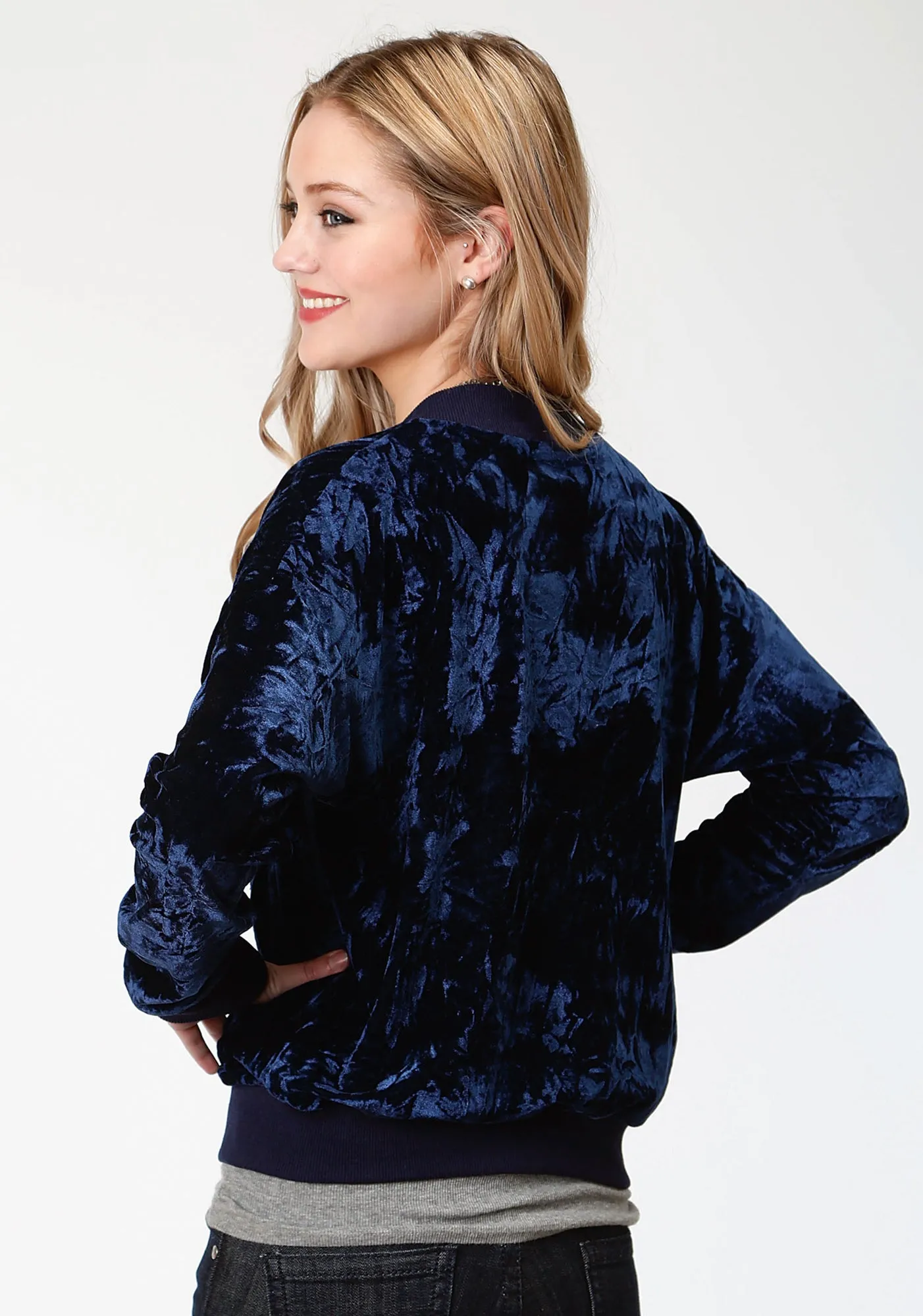 Roper Bomber Womens Navy Polyester Crushed Velvet Jacket Casual Option Earthy Streetwear Fan Nature Lover