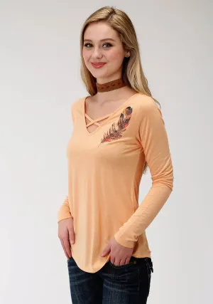 Roper Cutout Womens Gold Poly/Rayon Feather L/S T-Shirt Lightweight Denim Roper Cutout Womens Gold Poly/Rayon Feather L/S T-Shirt Streetwear Fan Earthy High Quality