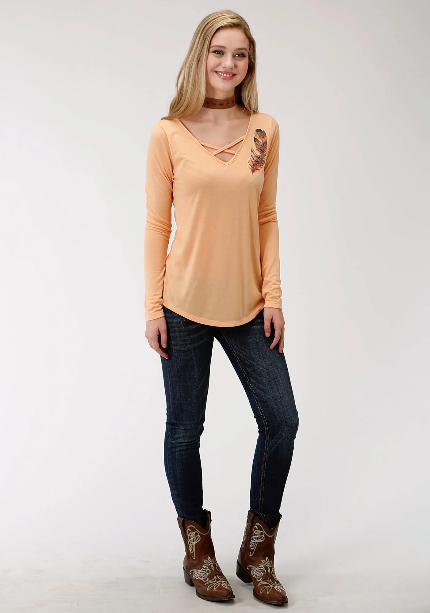 Minimalist Rainy Day Vintage Lover Weekend Style Rainy Day Roper Cutout Womens Gold Poly/Rayon Feather L/S T-Shirt