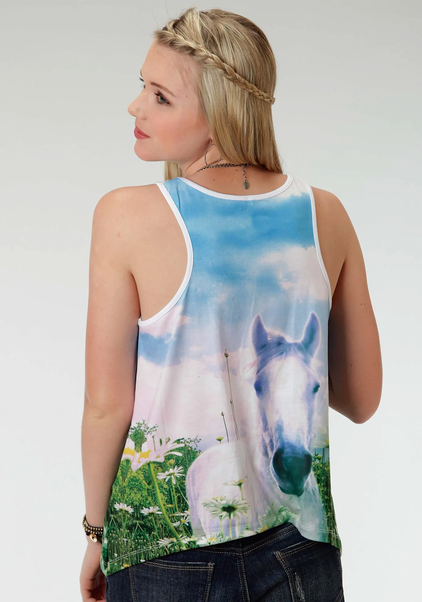 Roper Five Star Womens White Polyester Horse Sublimation S/L Tank Top Active Comfort Abrasion resistant