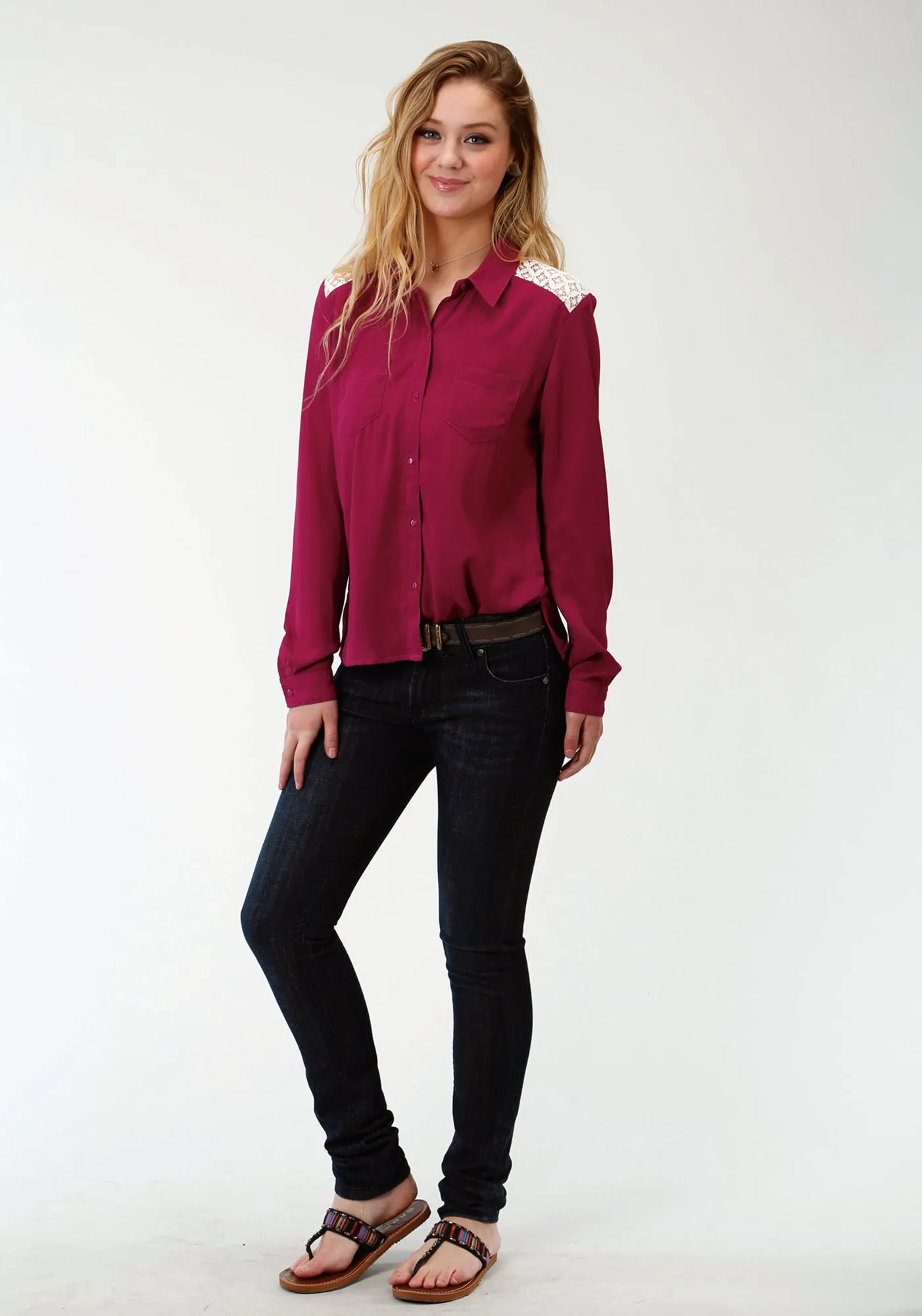 No Fade Look Wrinkle Free Fabric Treatment Roper Five Star Womens Wine Polyester Crepe L/S Blouse