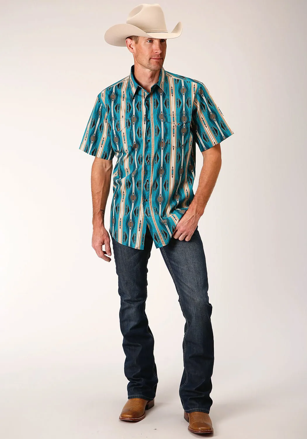 Fitted Silhouette Standalone Option Roper Mens 1475 Aztec Stripe Green 100% Cotton S/S Shirt