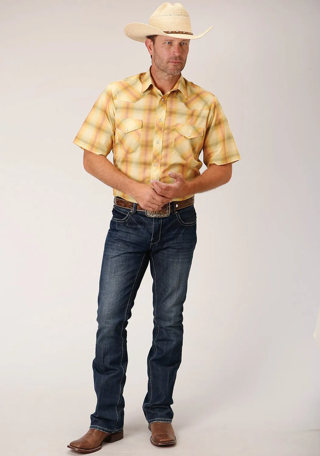 Roper Mens 1511 Plaid Yellow/Tangerine Cotton Blend Tall S/S Shirt Anti-static