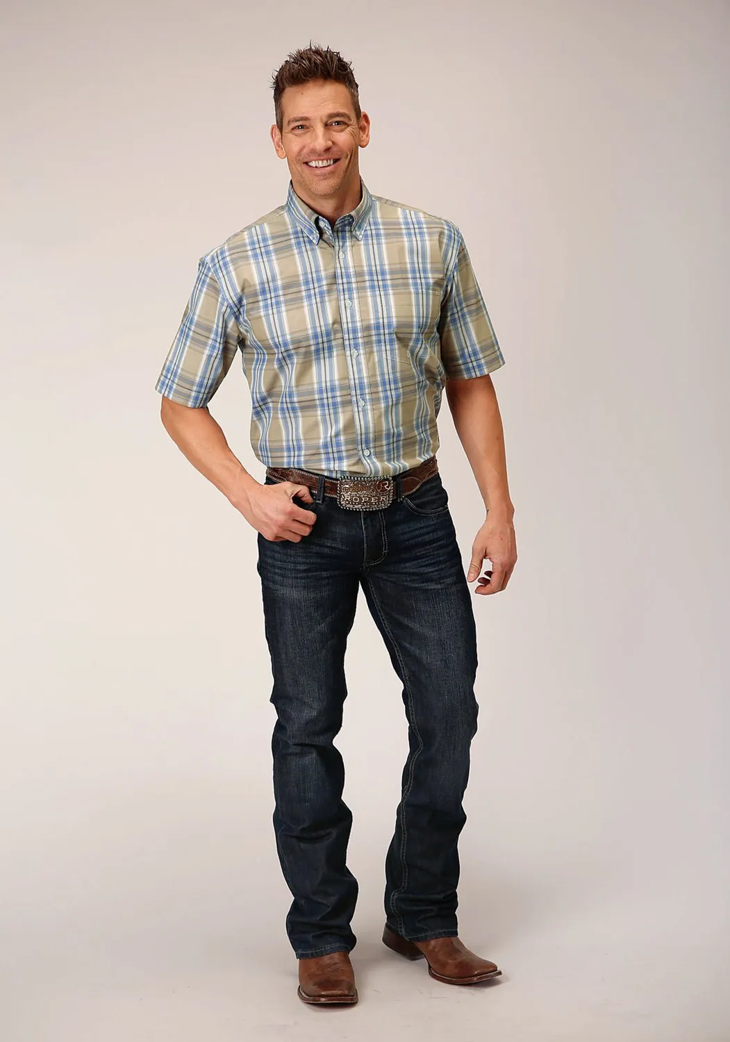 Checkered Style Conference Appropriate Roper Mens 1552 Sandy Plaid Tan 100% Cotton 1 Pkt S/S Shirt