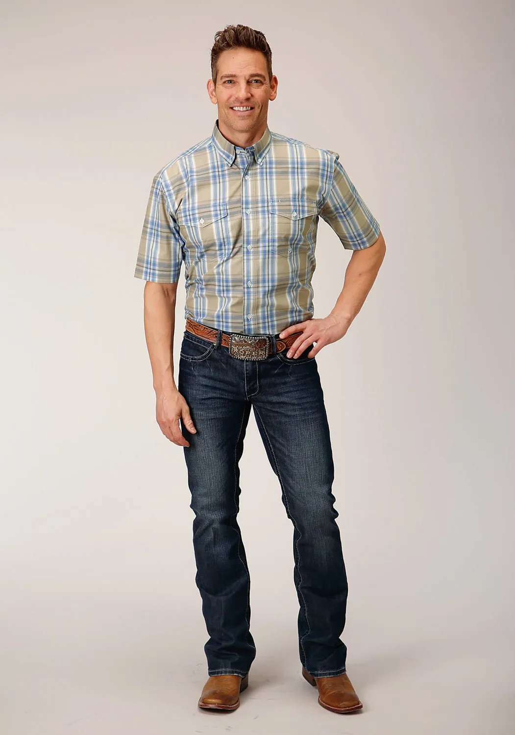Bold Statement Roper Mens 1552 Sandy Plaid Tan 100% Cotton Btn S/S Shirt