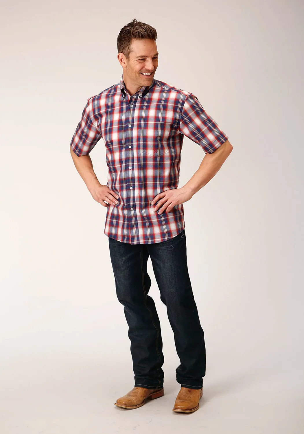 Roper Mens 1553 Independence Plaid Blue 100% Cotton 1 Pkt S/S Shirt stain resistant coating