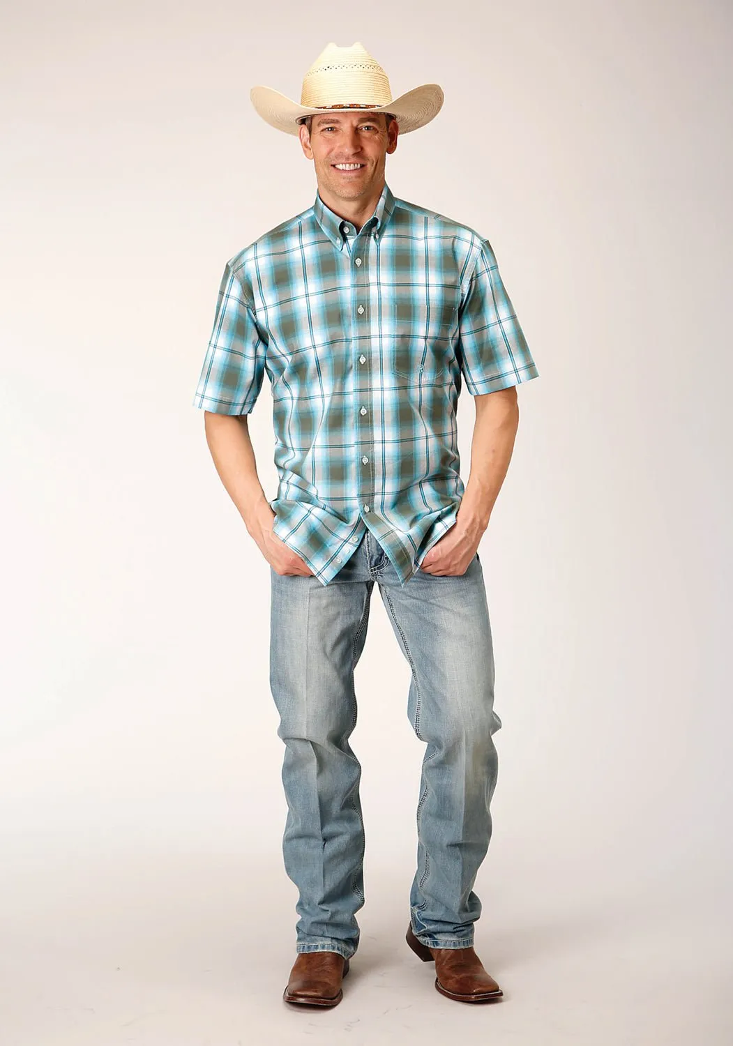 Year-Round Wear Roper Mens 1555 Meadow Plaid Green 100% Cotton 1 Pkt S/S Shirt