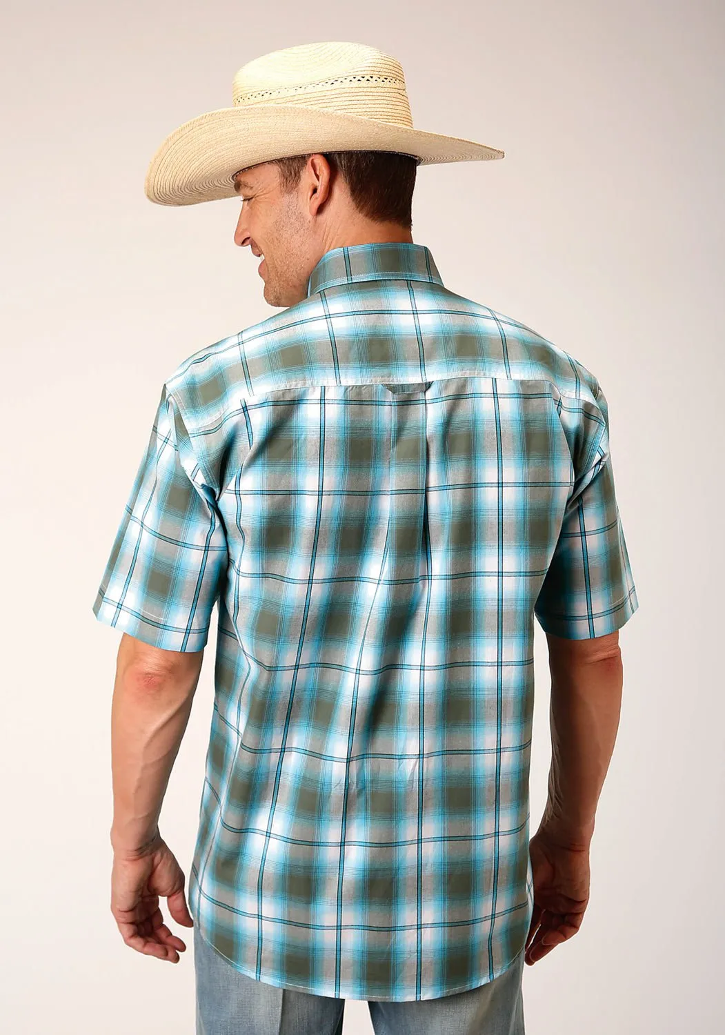 Roper Mens 1555 Meadow Plaid Green 100% Cotton 1 Pkt S/S Shirt Adjustable Cuff Closure