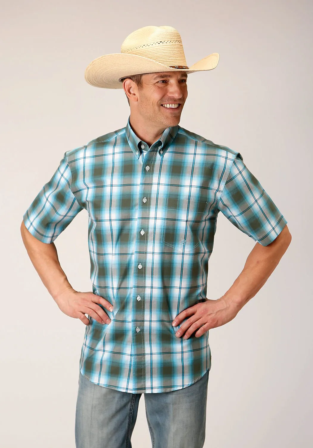 High Density Weave Roper Mens 1555 Meadow Plaid Green 100% Cotton 1 Pkt S/S Shirt