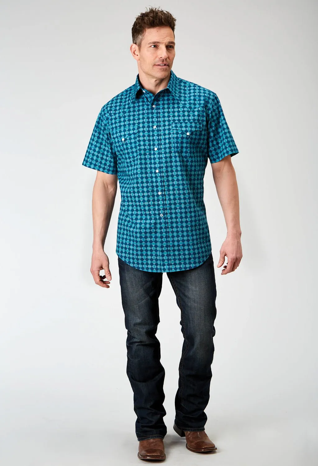 Roper Mens 1894 Scribble Blue 100% Cotton S/S Shirt Wardrobe Essential