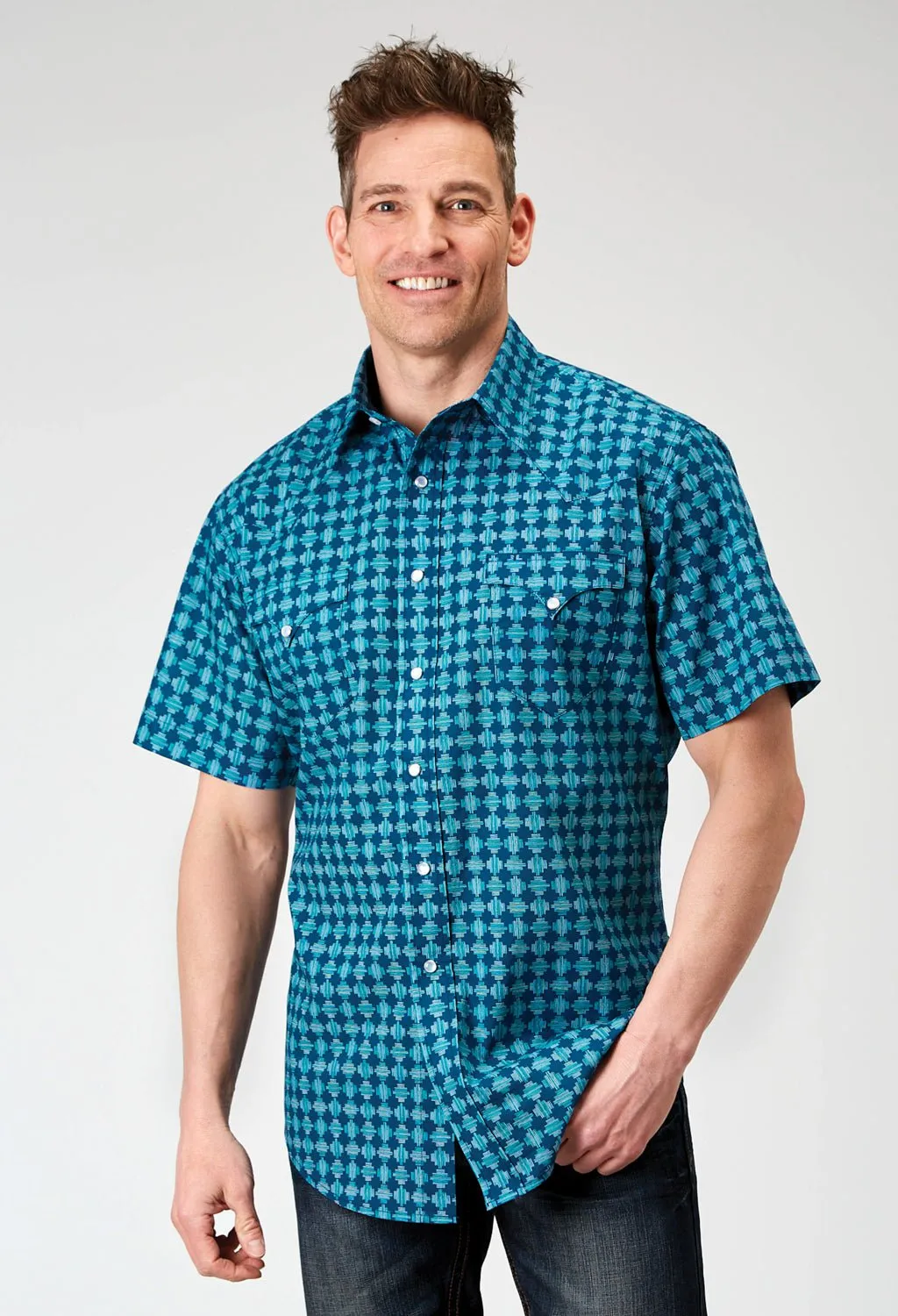 Roper Mens 1894 Scribble Blue 100% Cotton S/S Shirt Flex Fit Collar Stylish Comfort