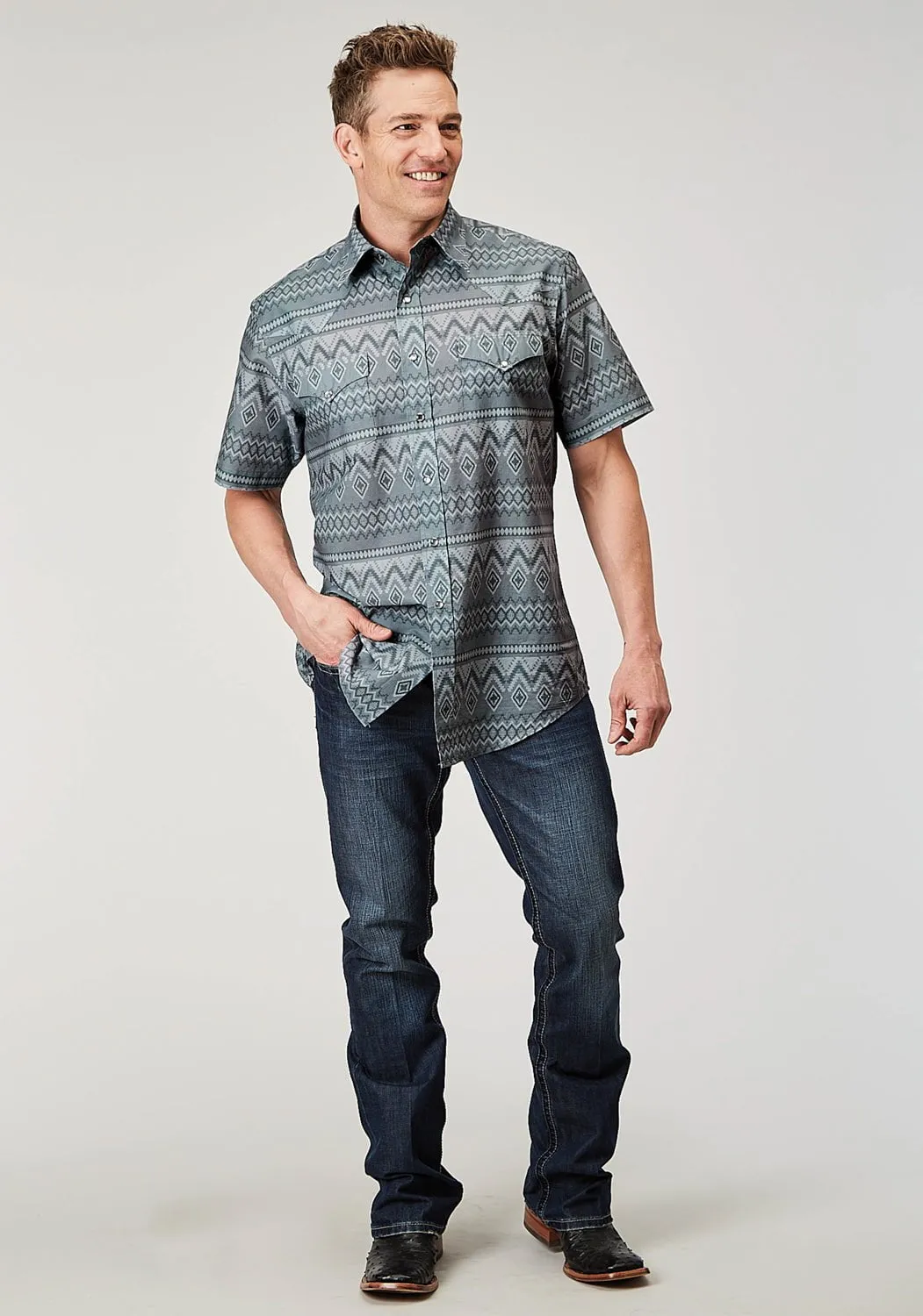 Roper Mens 1895 River Aztec Grey 100% Cotton S/S Shirt Eye-Catching Pattern