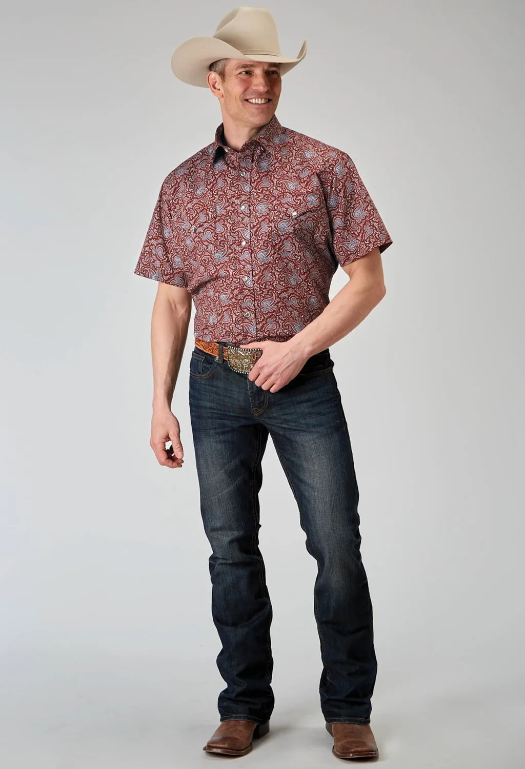 Functional Design Roper Mens 1896 Vintage Paisley Red 100% Cotton S/S Shirt