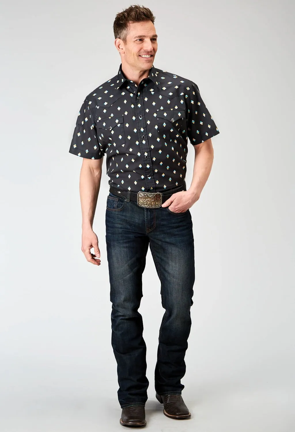 Roper Mens 1897 Ombre Aztec Black 100% Cotton S/S Shirt Neutral Shade Smooth Seam Finish
