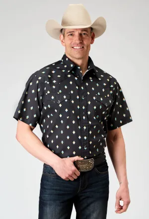Roper Mens 1897 Ombre Aztec Black 100% Cotton S/S Shirt Sheer Panel Roper Mens 1897 Ombre Aztec Black 100% Cotton S/S Shirt Anti Cling Fabric Lounge Wear
