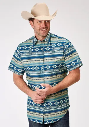 Roper Mens 1899 Aztec Blanket Blue 100% Cotton S/S Shirt Cooling Fabric Stretch Fit Technology Roper Mens 1899 Aztec Blanket Blue 100% Cotton S/S Shirt