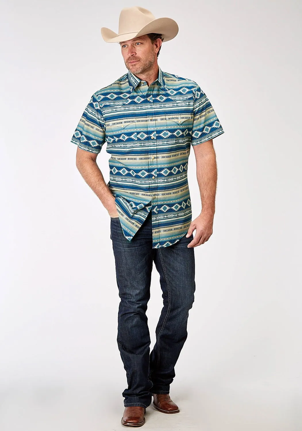 Casual Style Winter Layering Roper Mens 1899 Aztec Blanket Blue 100% Cotton S/S Shirt