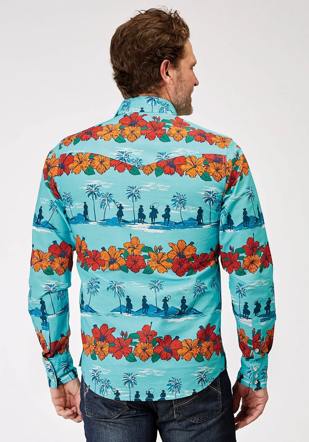 Roper Mens 1900 Hawaiian Blue 100% Cotton 1 Pkt L/S Shirt Active Comfort wrinkle free