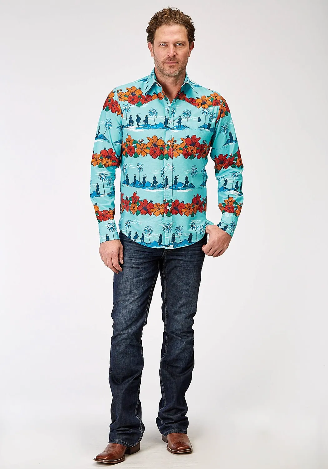 Roper Mens 1900 Hawaiian Blue 100% Cotton 1 Pkt L/S Shirt Active Layer