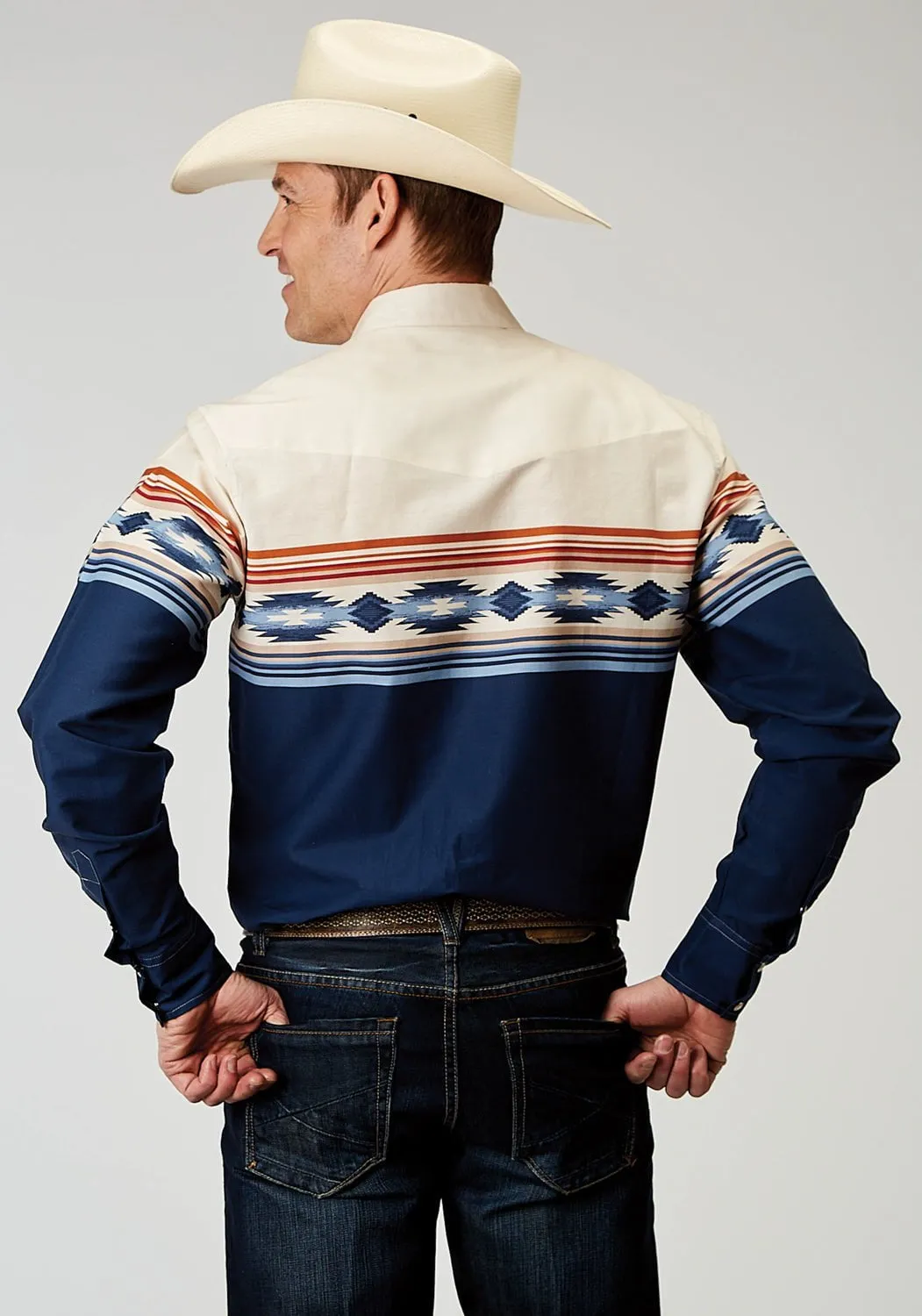 Cocktail Event Recycled Polyester Blend Roper Mens 1906 Distressed Aztec Blue 100% Cotton L/S Shirt