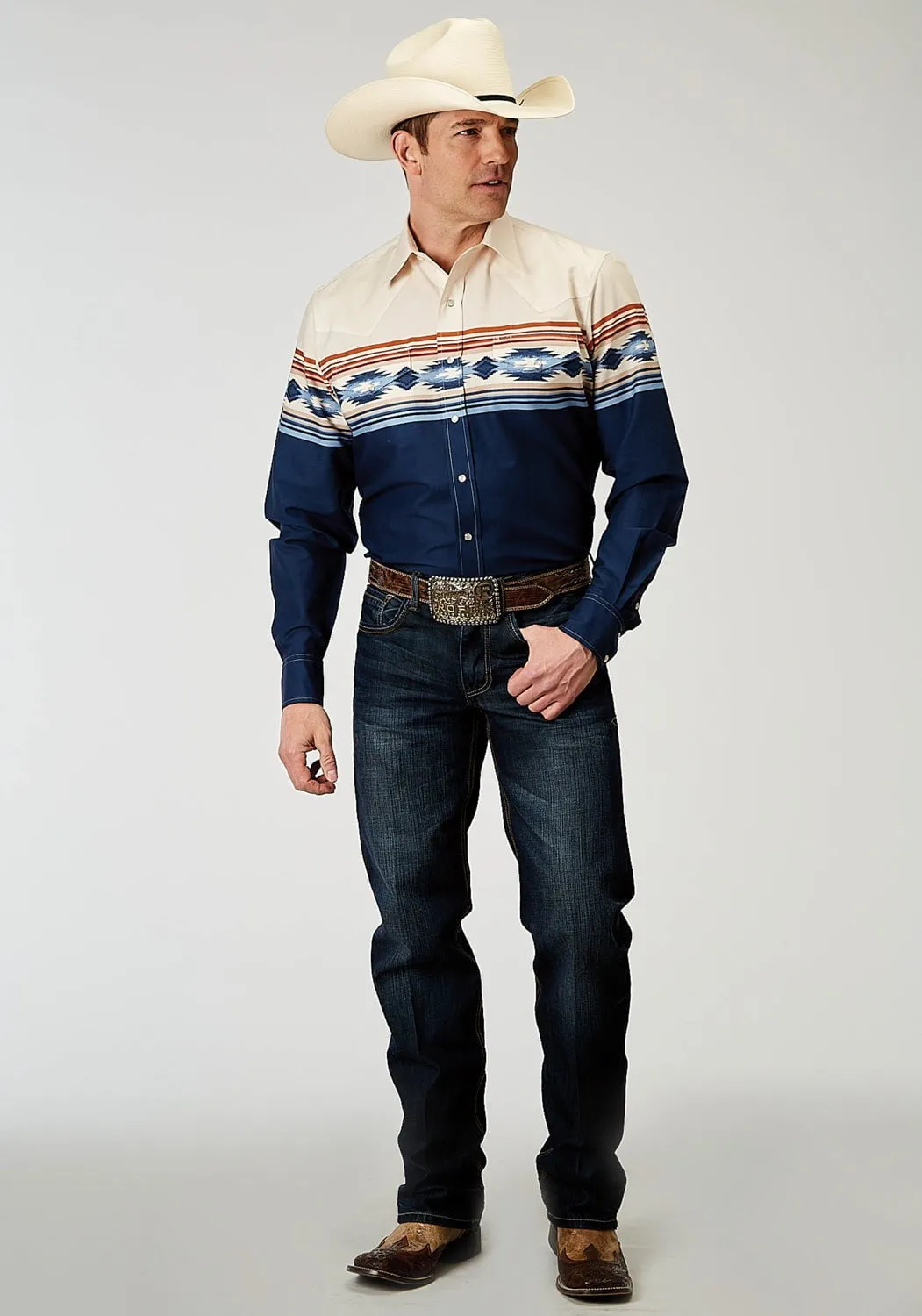 Casual Fit Roper Mens 1906 Distressed Aztec Blue 100% Cotton L/S Shirt