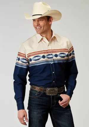 Roper Mens 1906 Distressed Aztec Blue 100% Cotton L/S Shirt Mandarin Collar Minimalist Aesthetic Roper Mens 1906 Distressed Aztec Blue 100% Cotton L/S Shirt