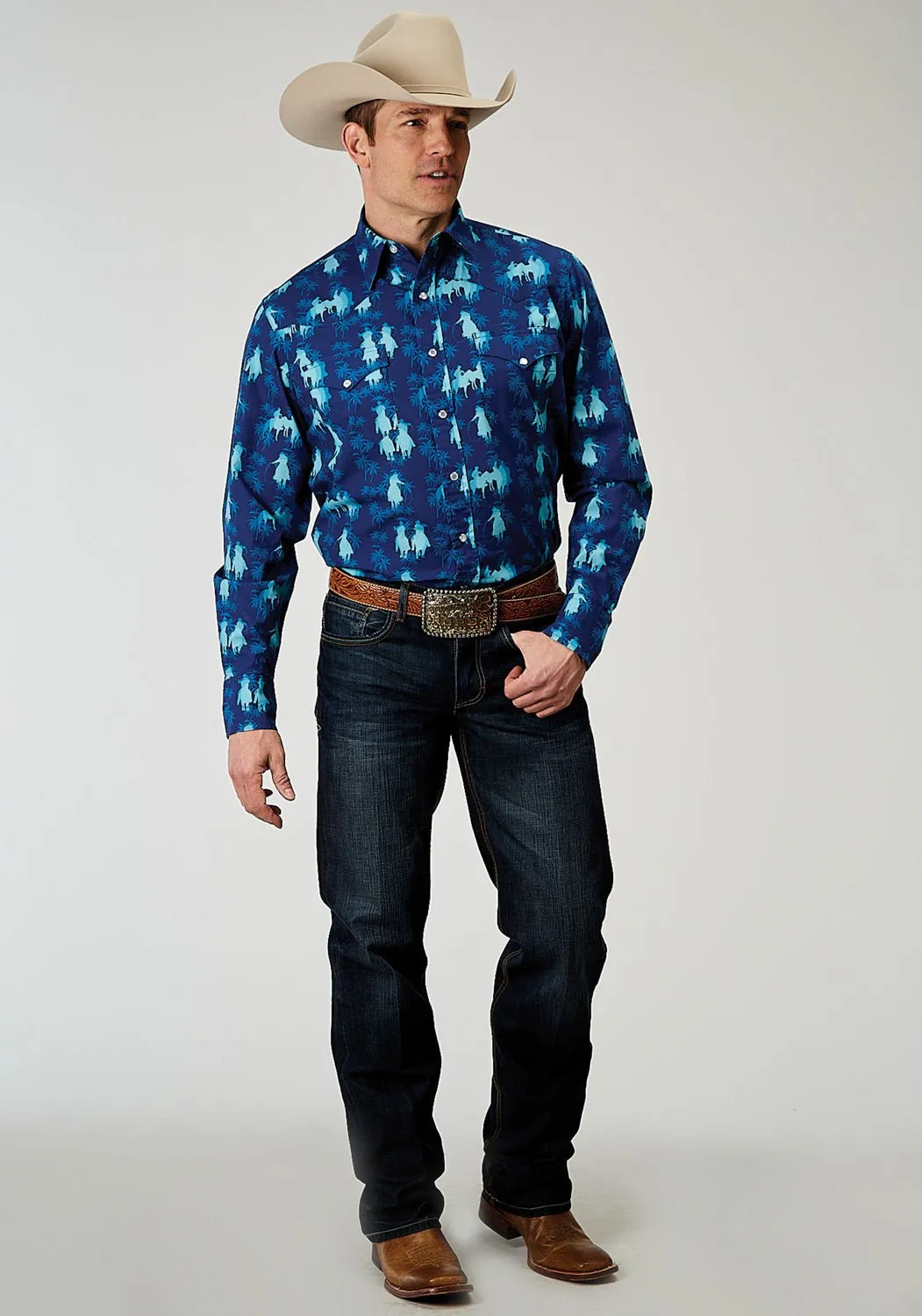 Roper Mens 1907 Hawaiian Ombre Blue 100% Cotton L/S Shirt Striped style