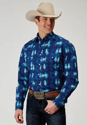 Roper Mens 1907 Hawaiian Ombre Blue 100% Cotton L/S Shirt Easy Outfits Roper Mens 1907 Hawaiian Ombre Blue 100% Cotton L/S Shirt Comfort Stretch