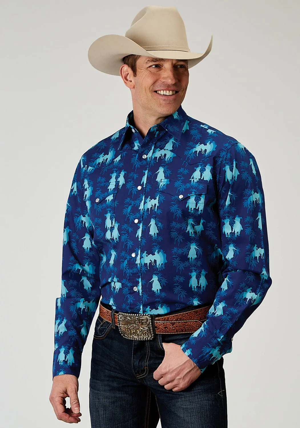 Vintage Wash Quick Dry Technology Roper Mens 1907 Hawaiian Ombre Blue 100% Cotton L/S Shirt