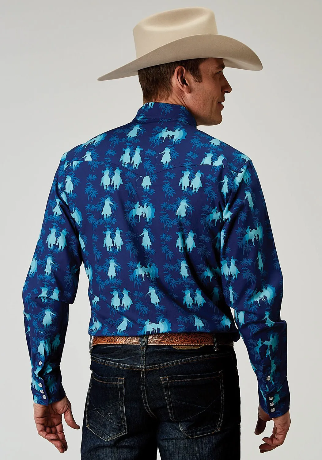 Flex Fit Collar Roper Mens 1907 Hawaiian Ombre Blue 100% Cotton L/S Shirt