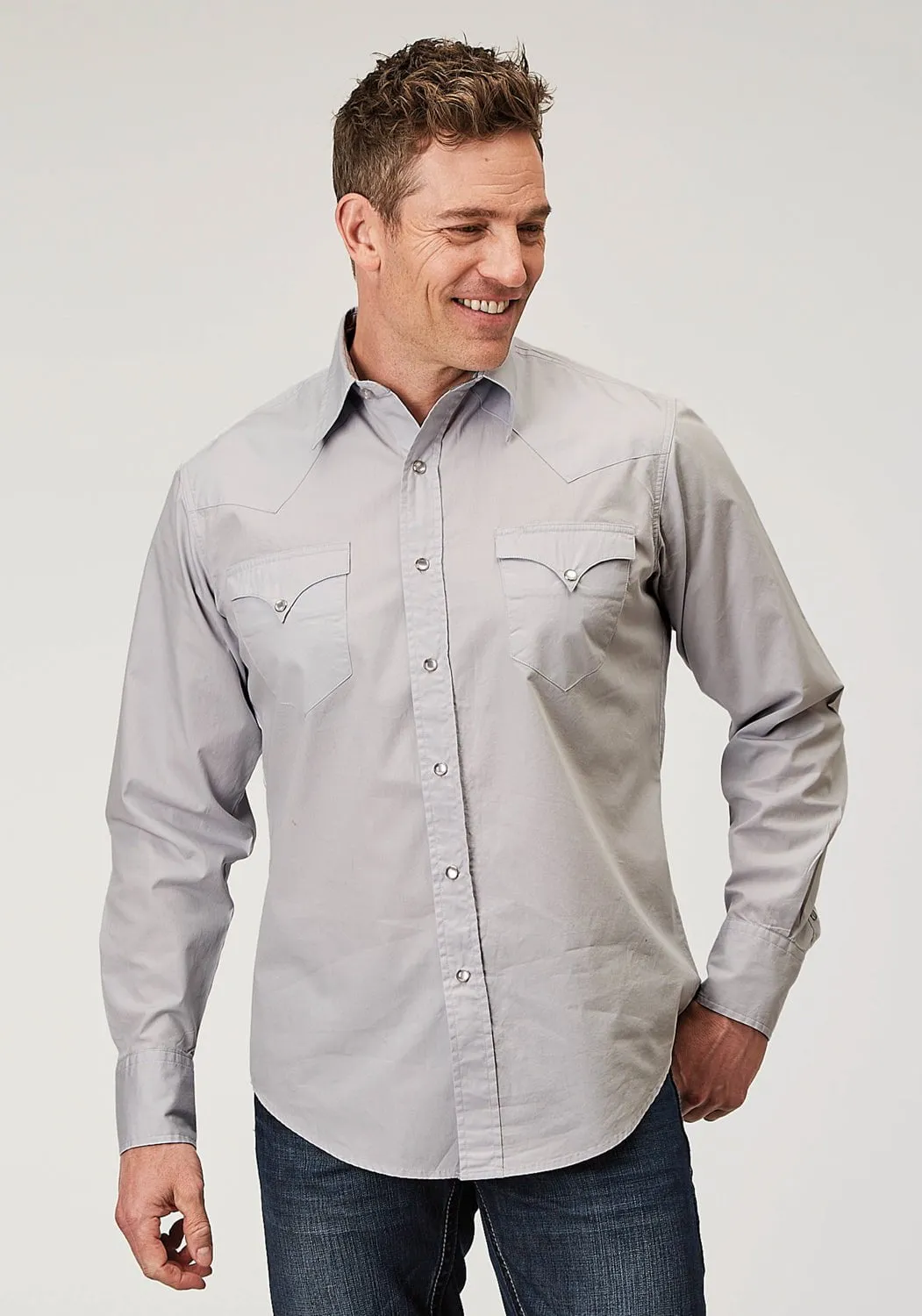Active Fit Practical Choice Roper Mens 1916 Solid Poplin Grey 100% Cotton Snap L/S Shirt