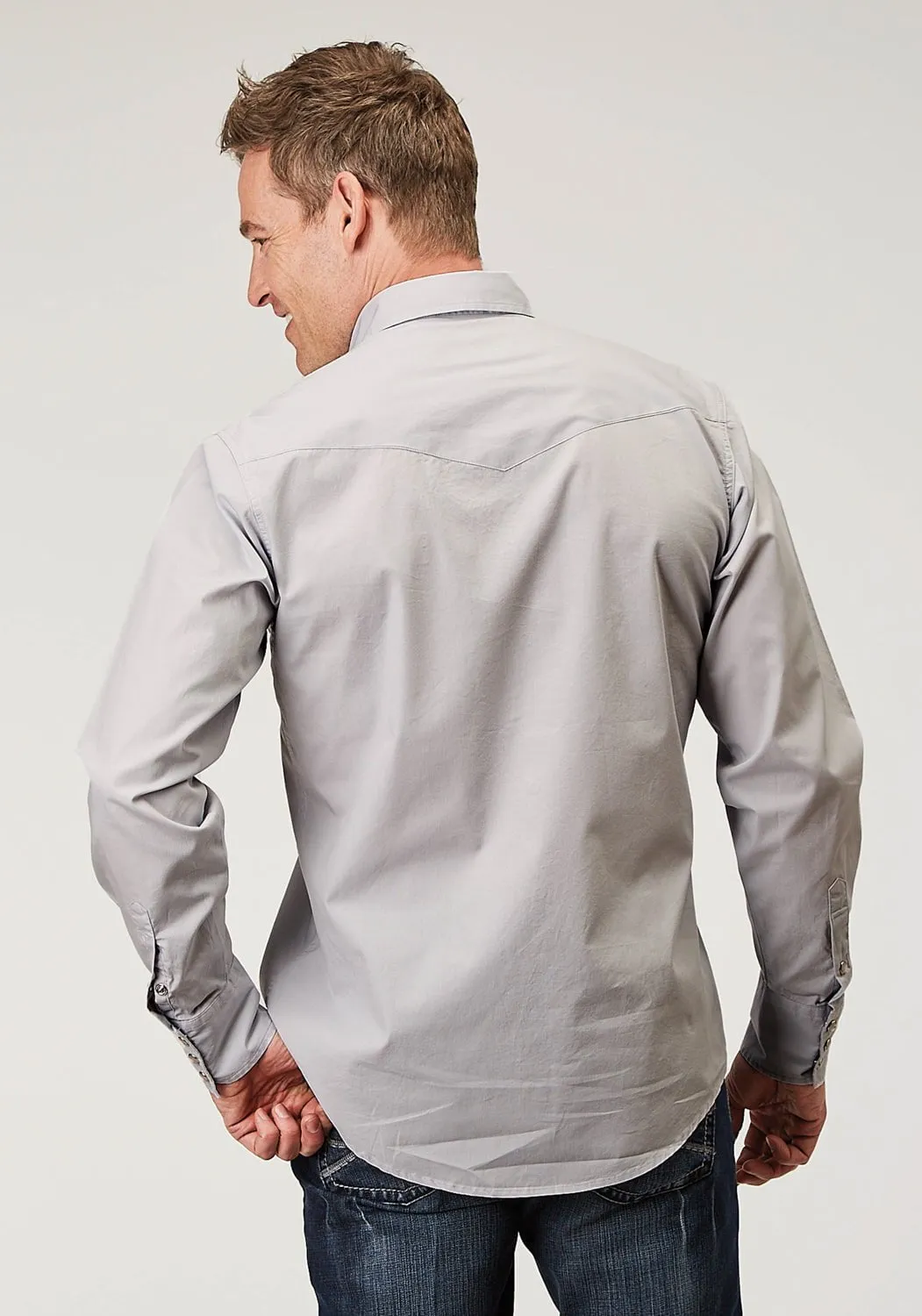 Roper Mens 1916 Solid Poplin Grey 100% Cotton Snap L/S Shirt Sporty Appeal Durable Texture